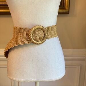 ZARA Straw Scalloped Woven Gold Circle Buckle Belt